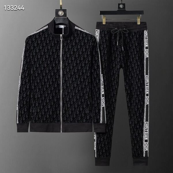 Autumn/Winter 350g Sports Sweatsuit – Flocked Print, Black (M–3XL)